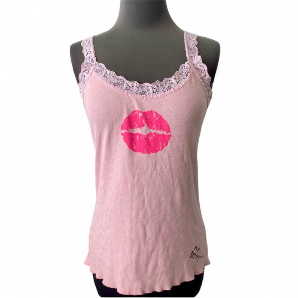 VINTAGE Y2K BETSEY JOHNSON BREAST CANCER PINK LACE HOT PINK LIPS TANK TOP LARGE